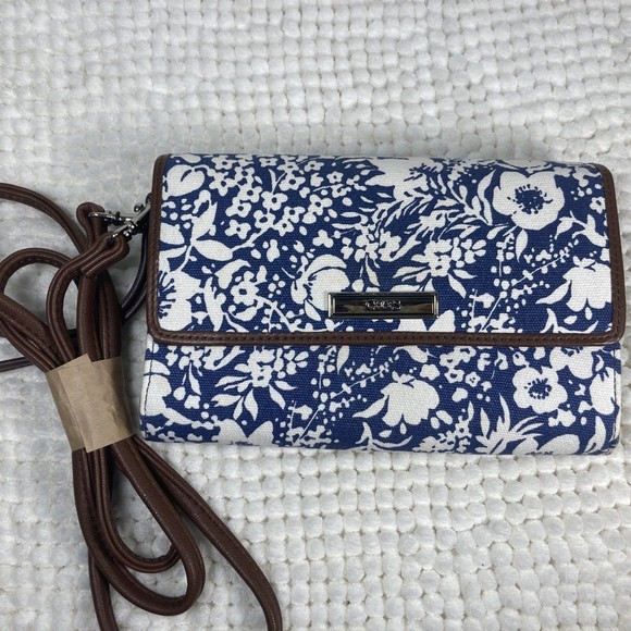 Chaps Floral Crossbody Wristlet Blue and White Floral, Logo Vegan Leather Trim - Picture 4 of 9